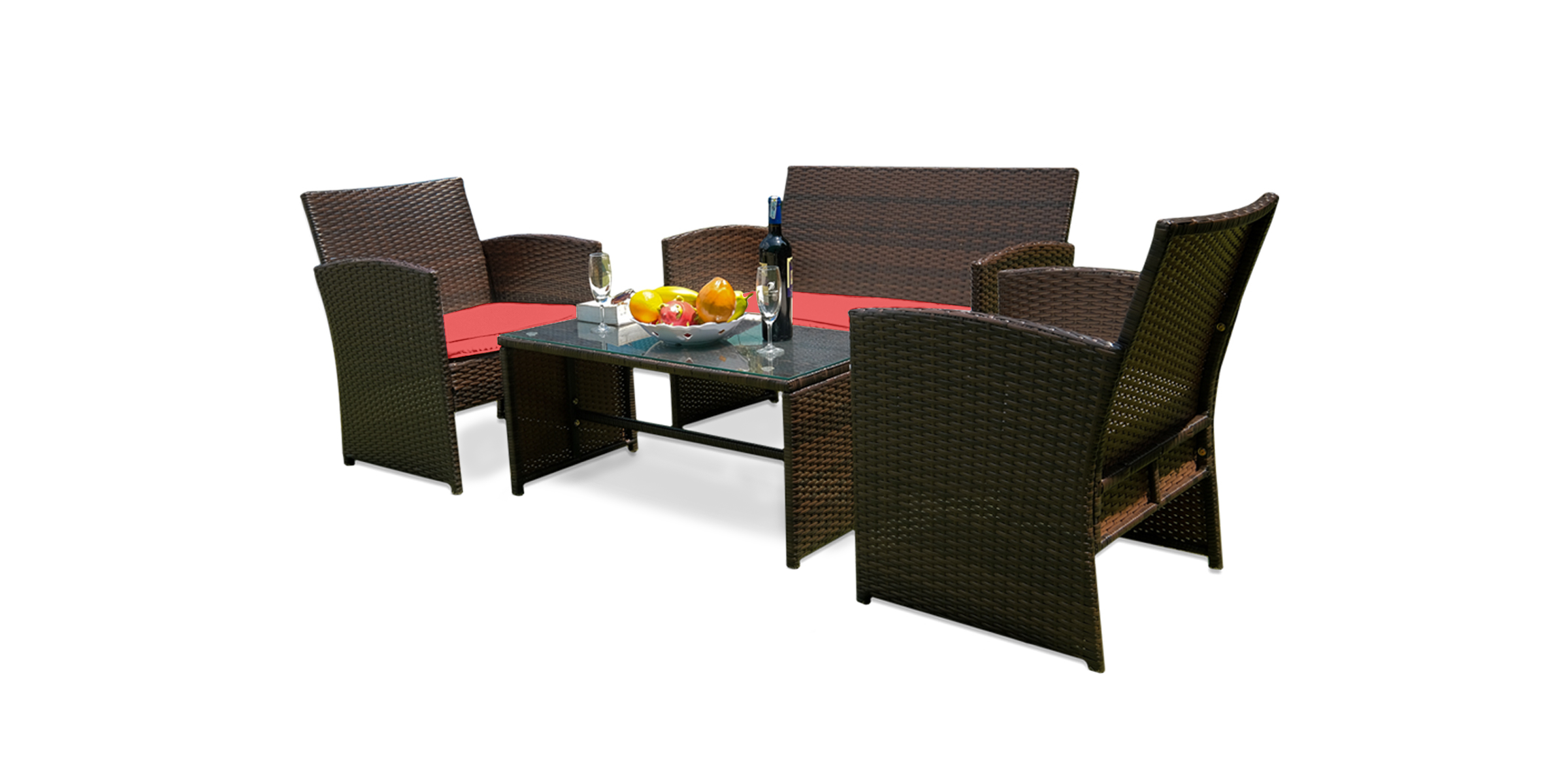4-Piece Outdoor Wicker Patio Conversation Set with Glass Coffee Table – Brown Rattan Sofa & Armchairs