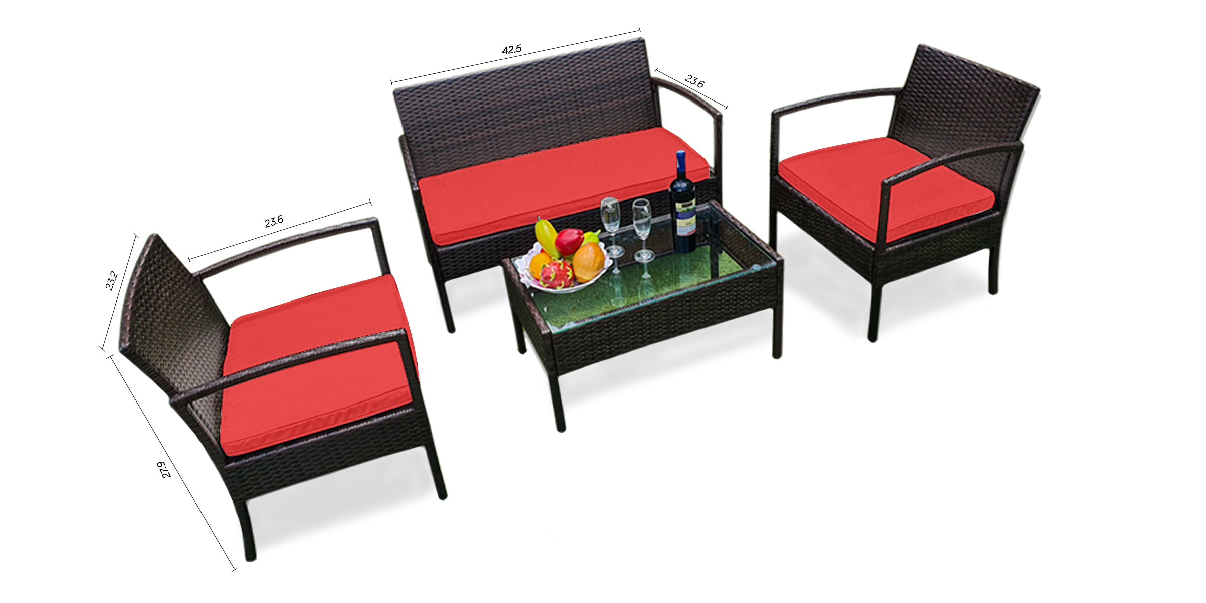 4-Piece Outdoor Wicker Patio Conversation Set with Glass Coffee Table –