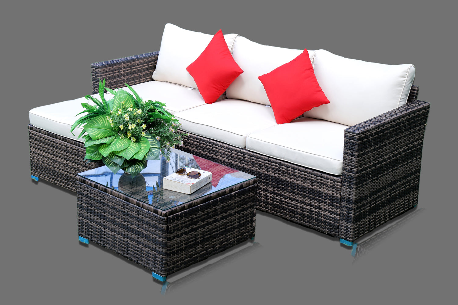 4-Piece Outdoor Wicker Patio Conversation Set with Glass Coffee Table – Brown Rattan Sectional Sofa & Armchairs